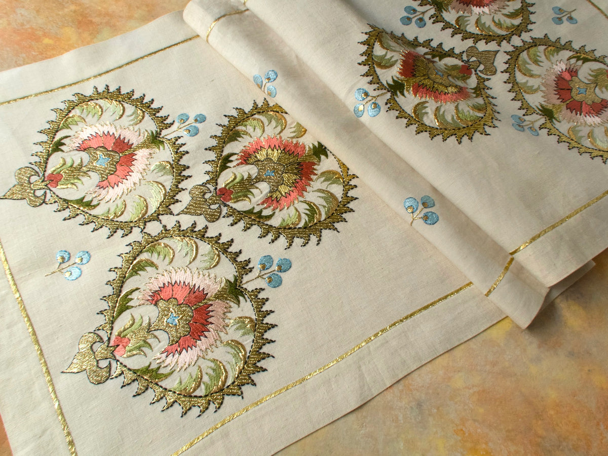 Greek Ottoman Colorful Metallic Embroidery Vintage Linen Table Runner 16x44