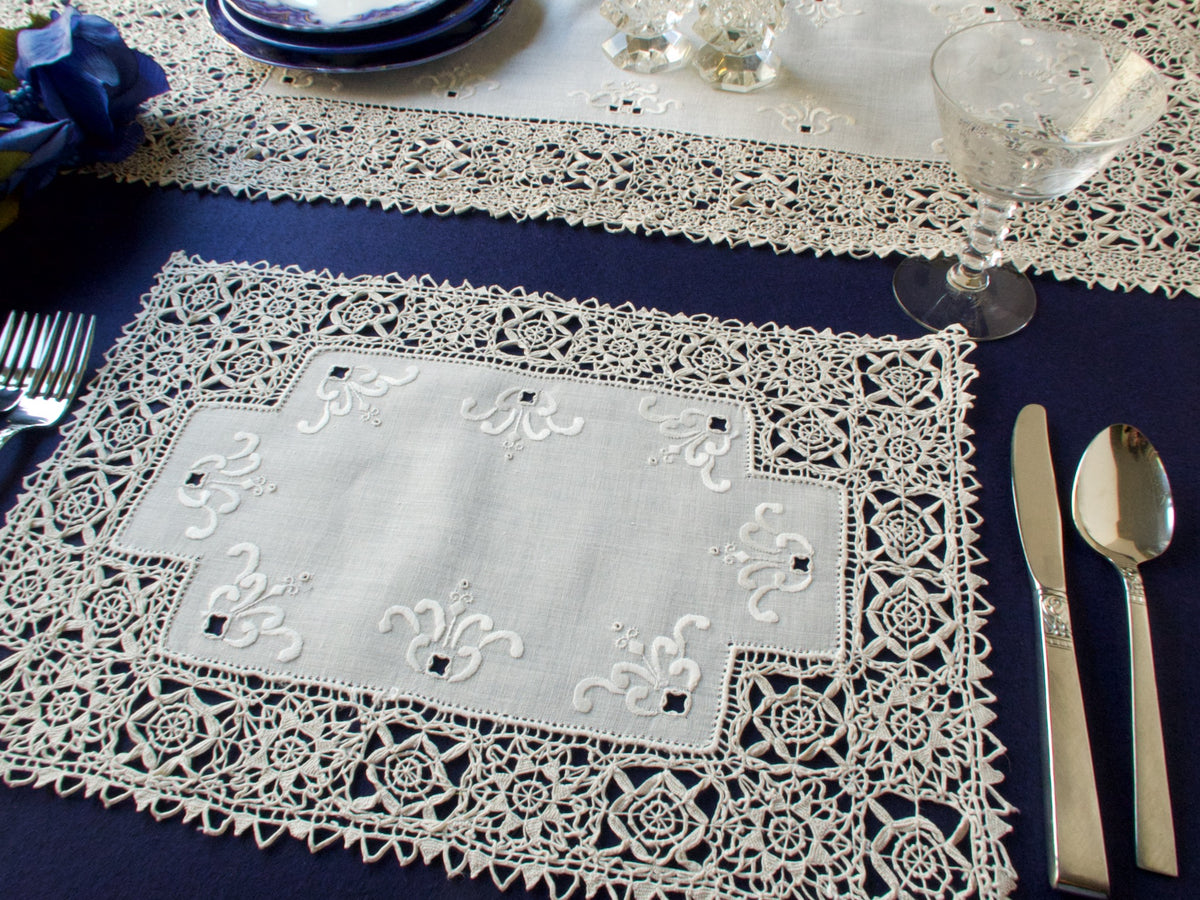 Intricate Vintage Reticella Lace 9pc Placemat Set for 8