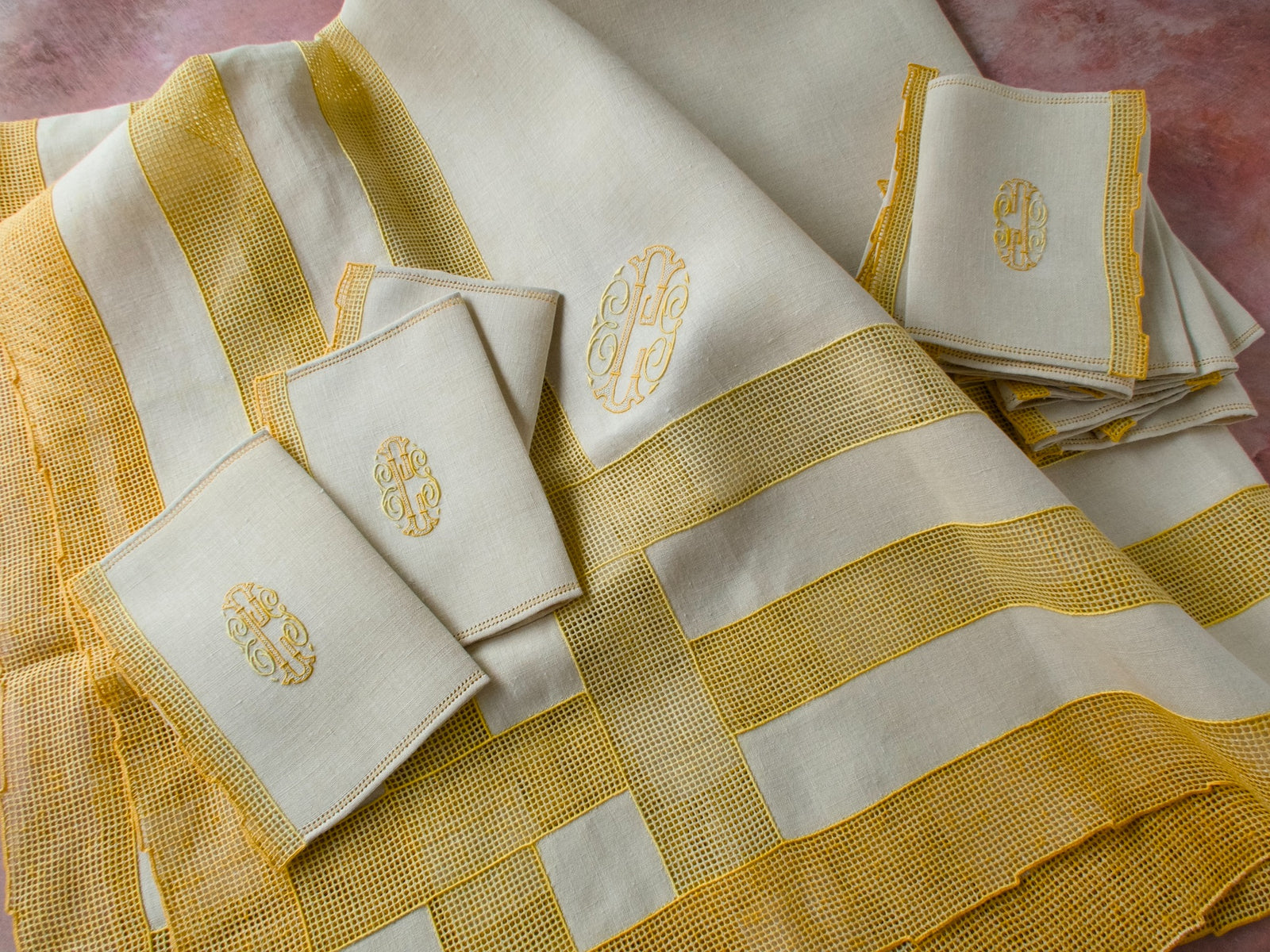 Italian Linen Tablecloth with 12 Monogrammed Cocktail Napkins, Yellow Accents