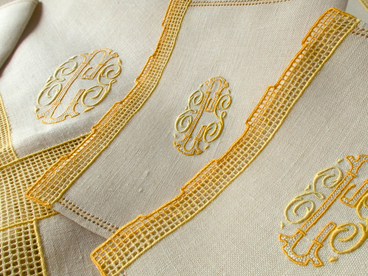 Italian Linen Tablecloth with 12 Monogrammed Cocktail Napkins, Yellow Accents