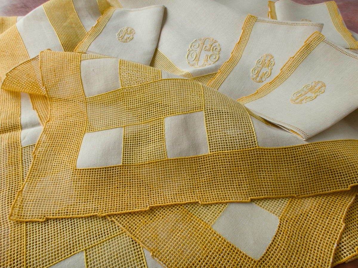 Italian Linen Tablecloth with 12 Monogrammed Cocktail Napkins, Yellow Accents