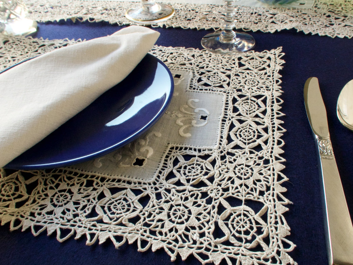 Intricate Vintage Reticella Lace 9pc Placemat Set for 8
