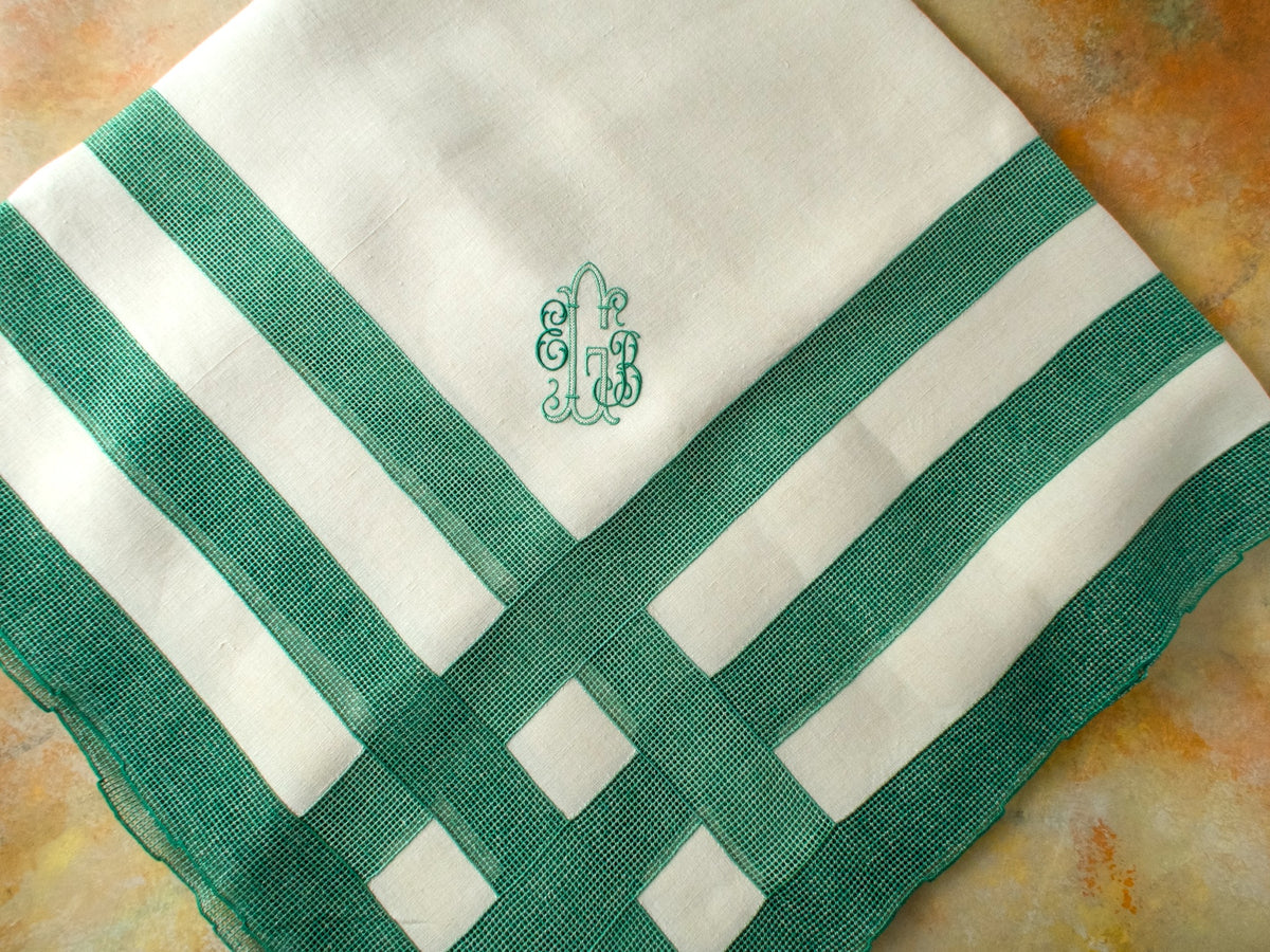 Italian Linen Tablecloth with 12 Monogrammed Cocktail Napkins, Green Accents