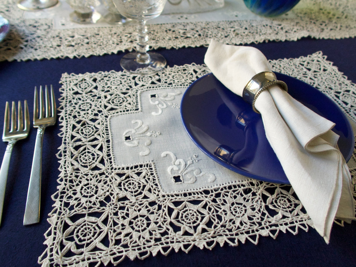 Intricate Vintage Reticella Lace 9pc Placemat Set for 8
