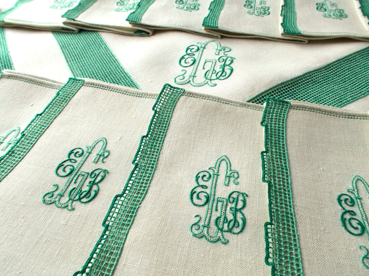 Italian Linen Tablecloth with 12 Monogrammed Cocktail Napkins, Green Accents