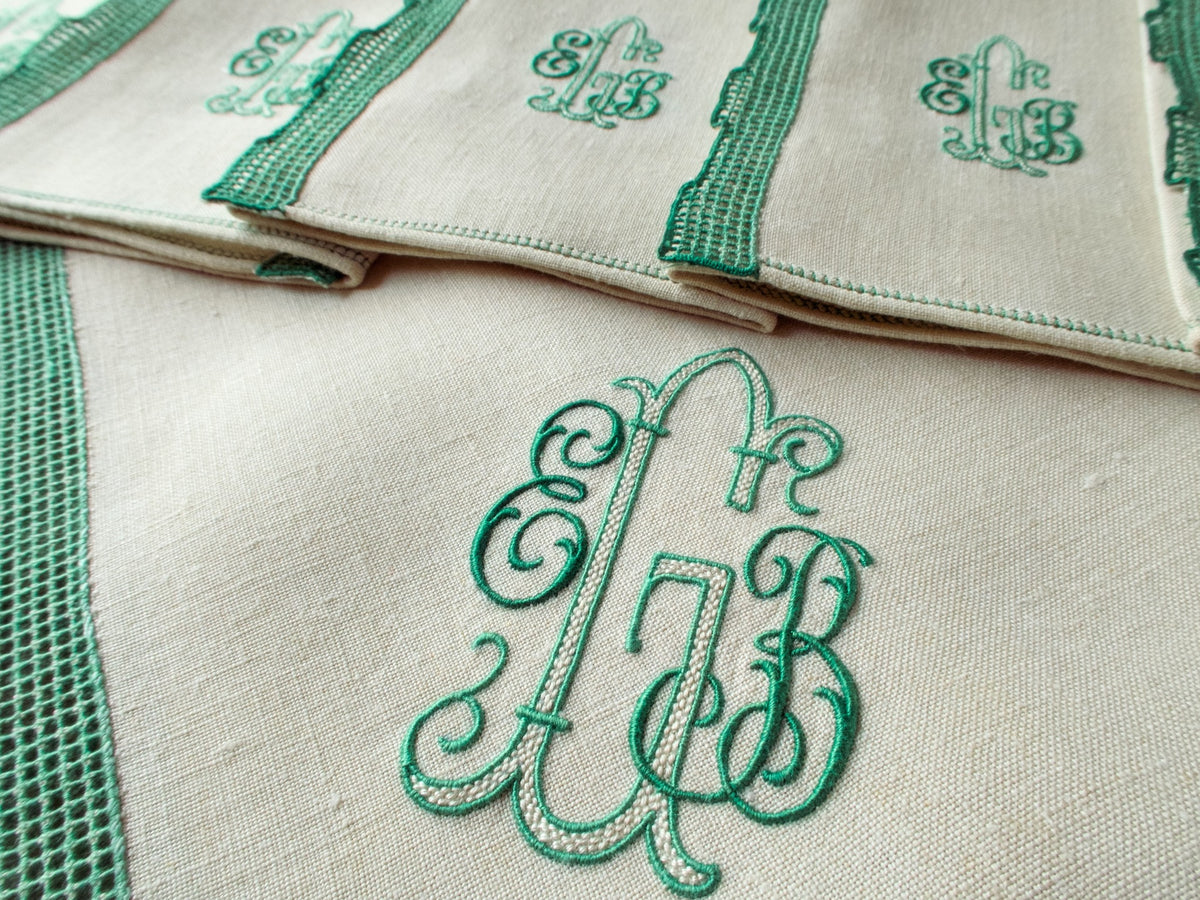 Italian Linen Tablecloth with 12 Monogrammed Cocktail Napkins, Green Accents