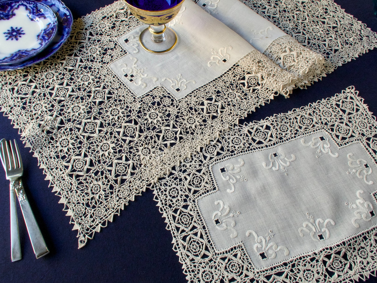 Intricate Vintage Reticella Lace 9pc Placemat Set for 8