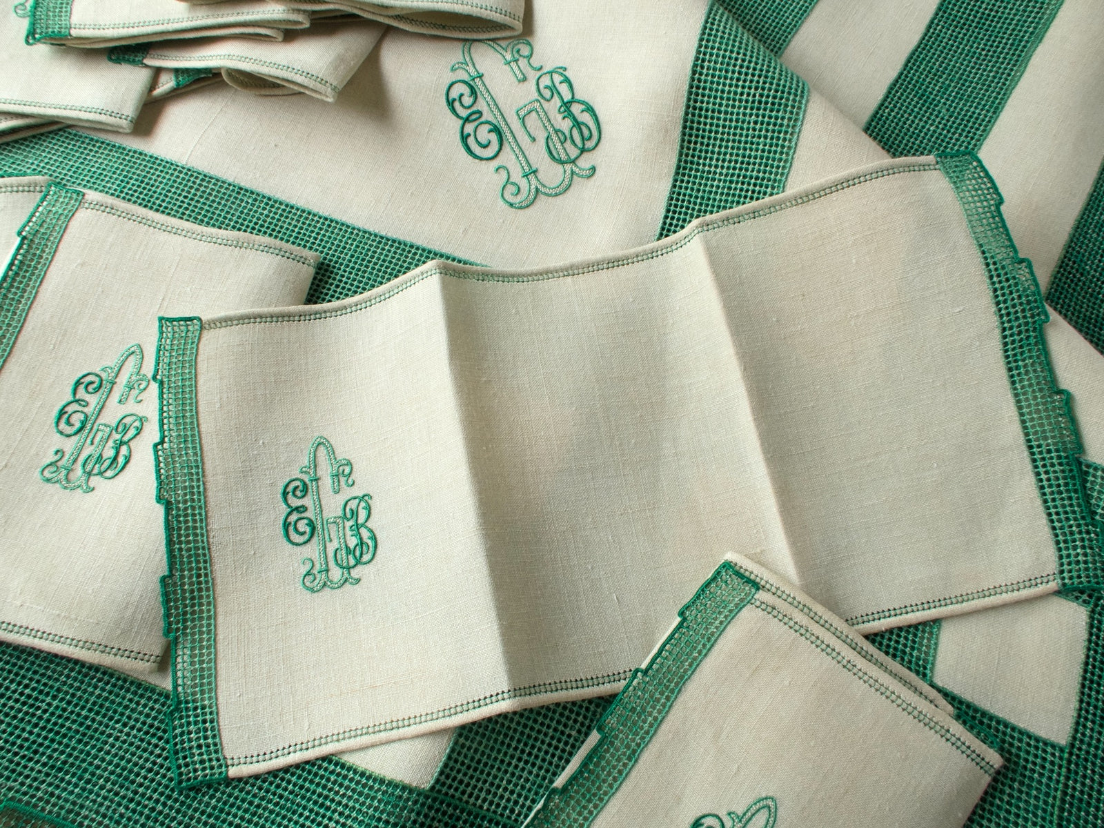Italian Linen Tablecloth with 12 Monogrammed Cocktail Napkins, Green Accents