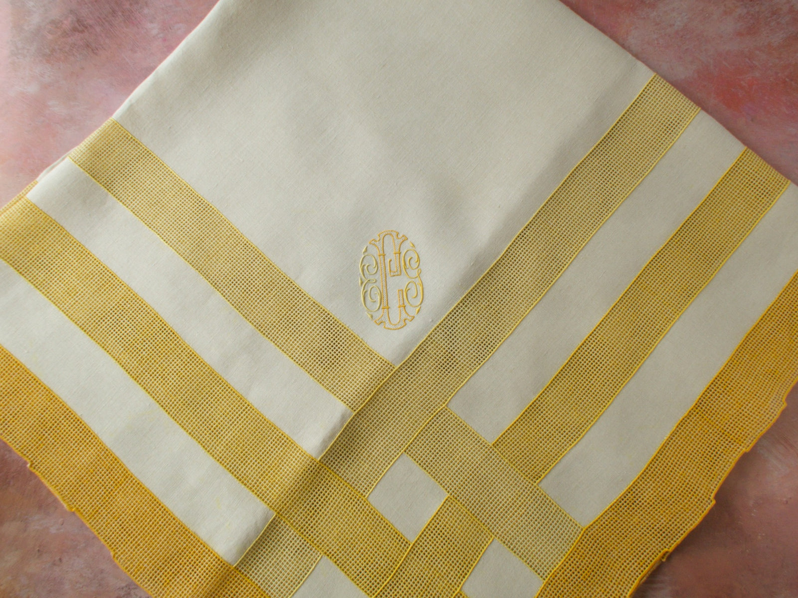 Italian Linen Tablecloth with 12 Monogrammed Cocktail Napkins, Yellow Accents