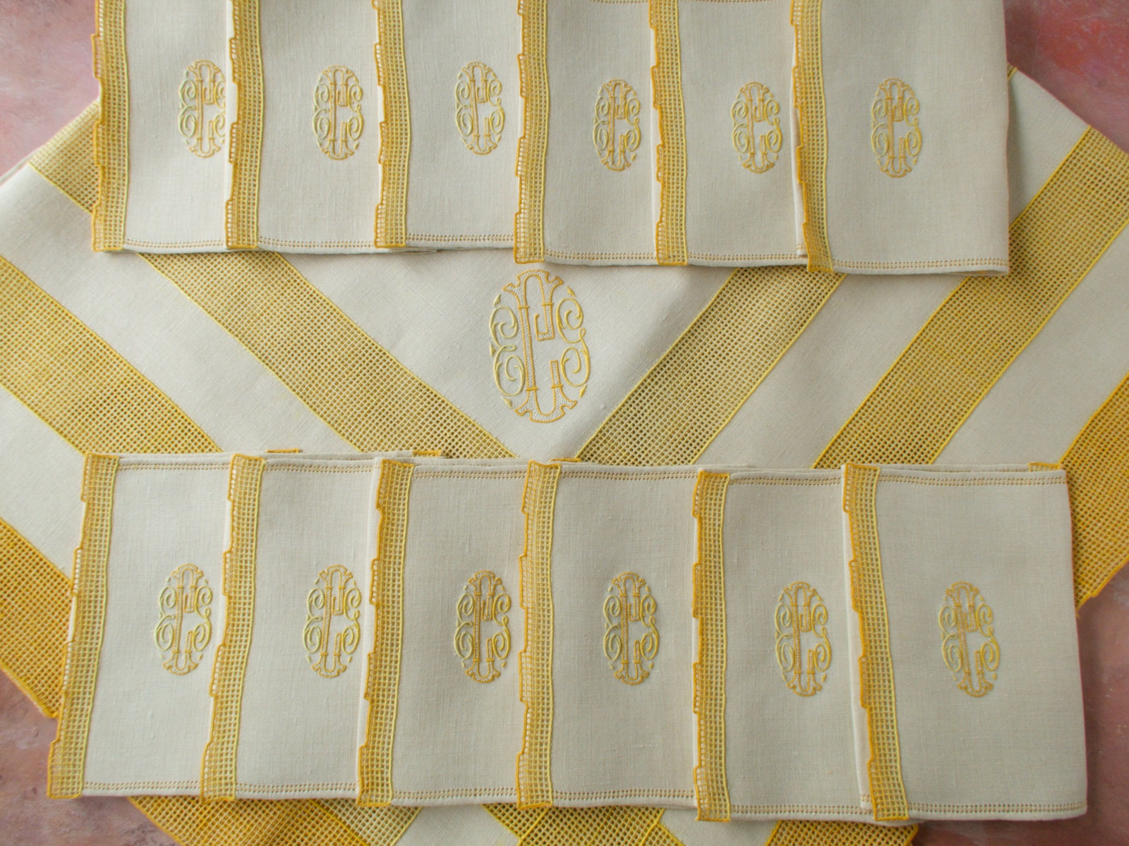Italian Linen Tablecloth with 12 Monogrammed Cocktail Napkins, Yellow Accents