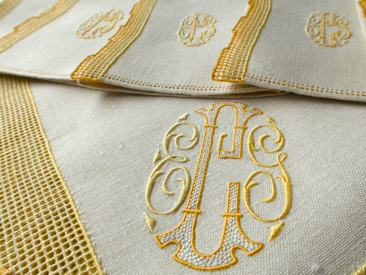 Italian Linen Tablecloth with 12 Monogrammed Cocktail Napkins, Yellow Accents