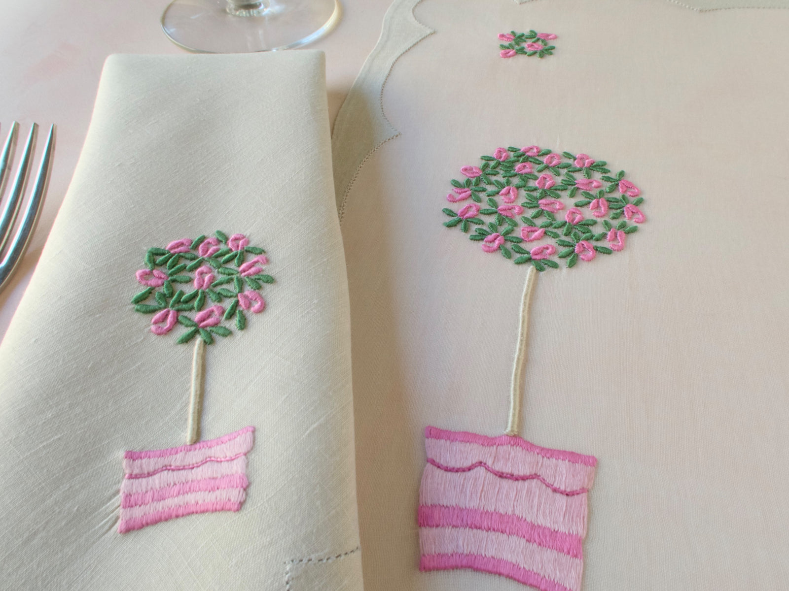 Vintage Madeira placemats and linen napkins with pink rose tree embroidery, set for eight.