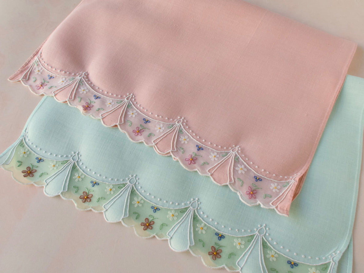 Vintage Madeira guest towels in mint green and coral pink hand embroidered with organdy swag border, linen panels and scattered tiny flowers, set of 2