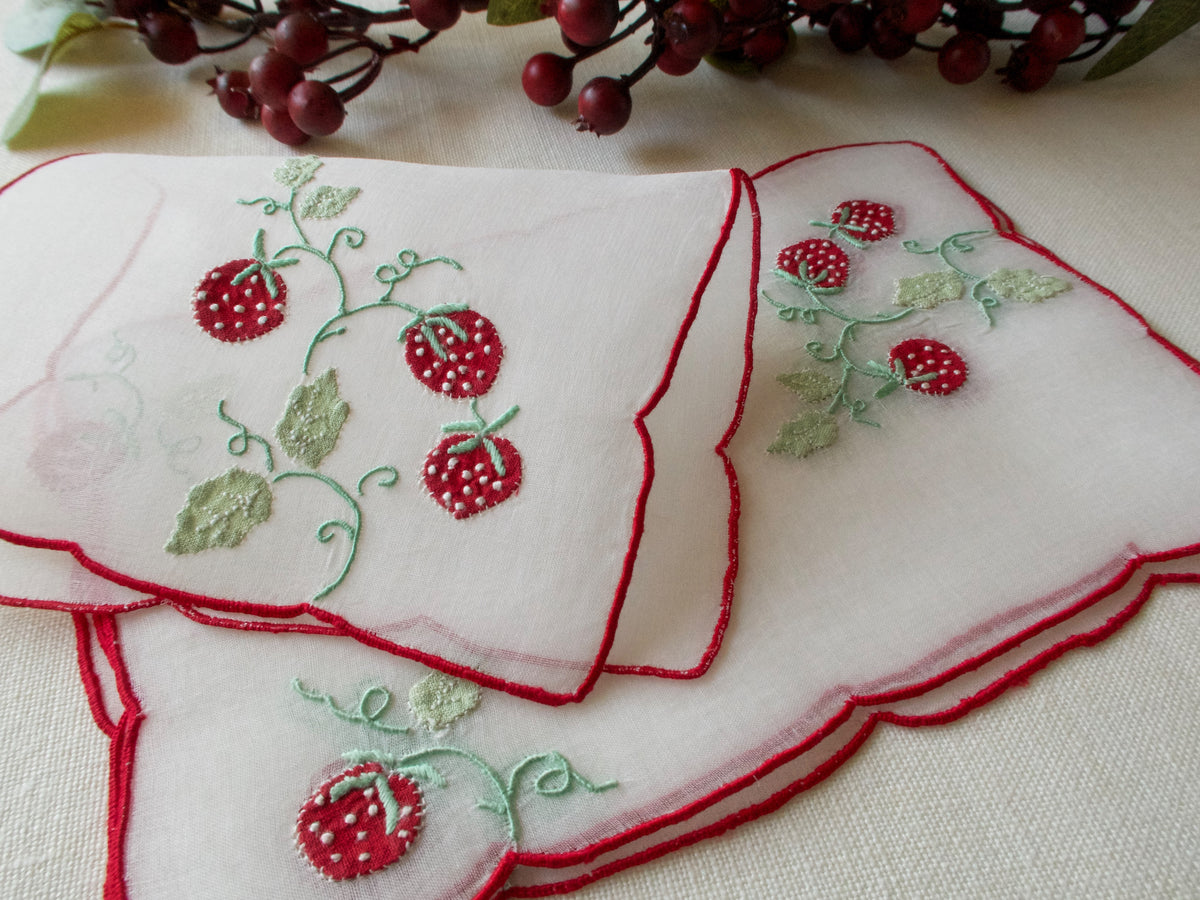 Lush Strawberries Vintage Organdy Cocktail Napkins, Set of 8