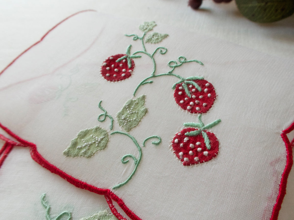 Lush Strawberries Vintage Organdy Cocktail Napkins, Set of 8