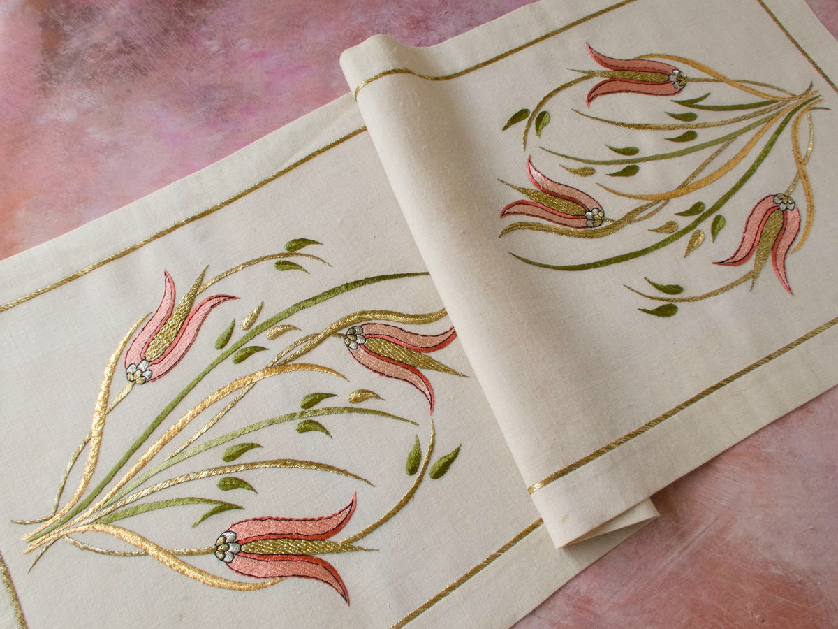 Tulips Vintage Greek Ottoman Metallic Embroidery Linen Table Runner 14x33