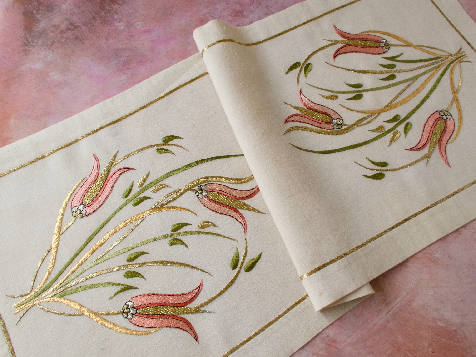Tulips Vintage Greek Ottoman Metallic Embroidery Linen Table Runner 14x33