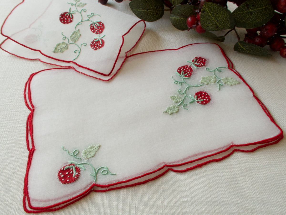 Lush Strawberries Vintage Organdy Cocktail Napkins, Set of 8