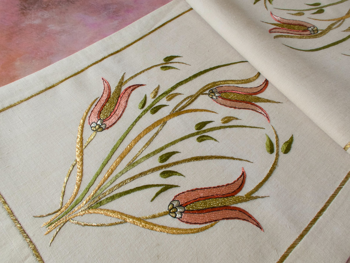 Tulips Vintage Greek Ottoman Metallic Embroidery Linen Table Runner 14x33