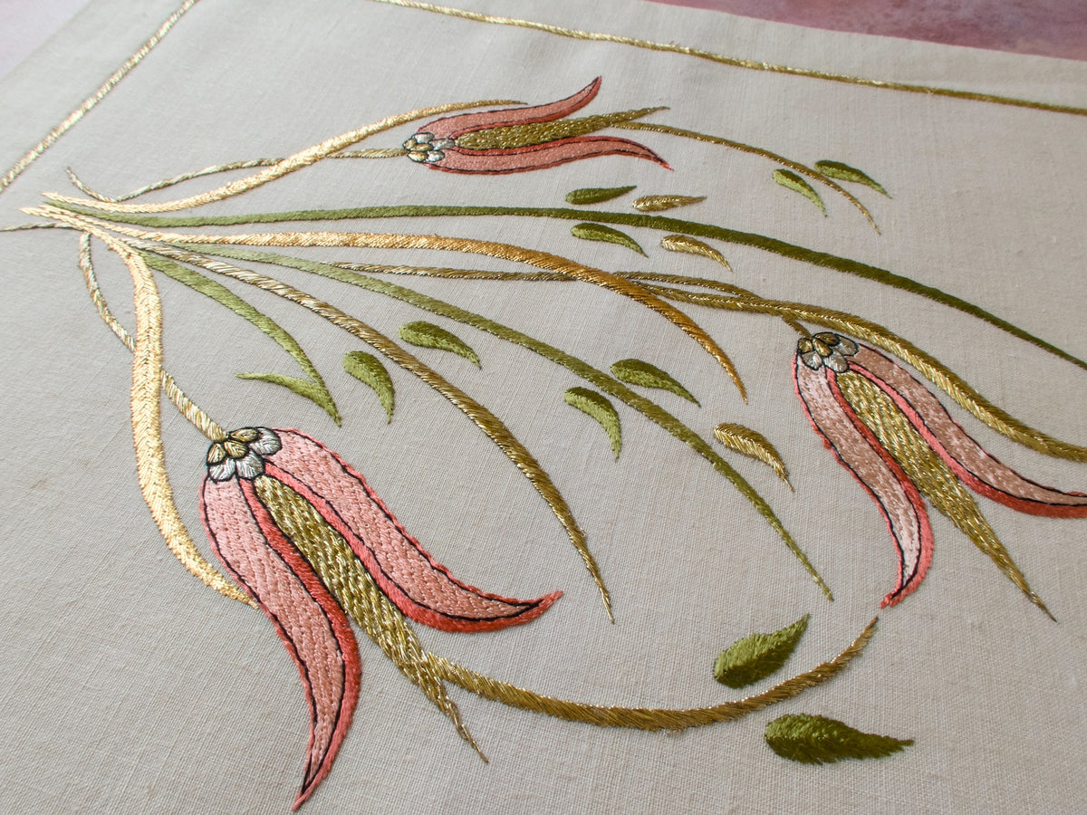 Tulips Vintage Greek Ottoman Metallic Embroidery Linen Table Runner 14x33