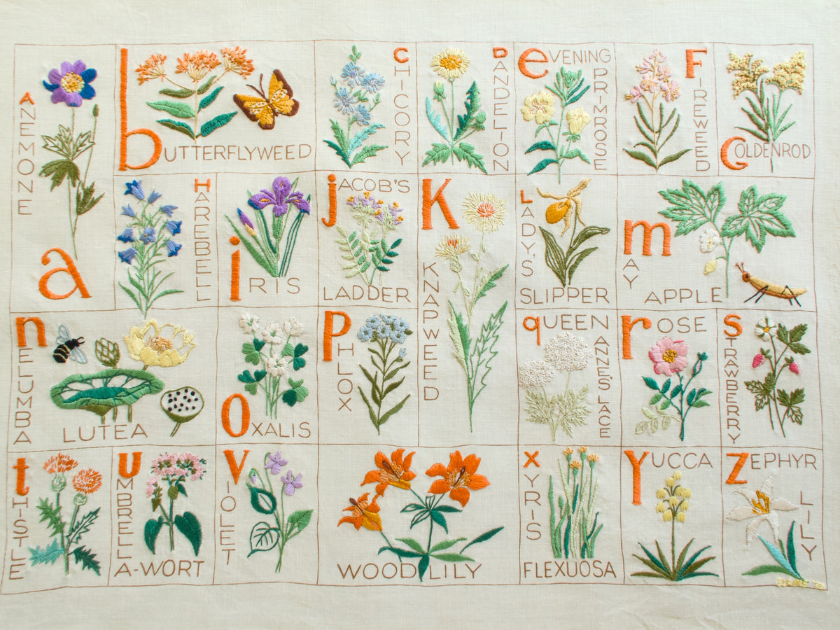 Vintage botanical alphabet sampler A–Z with colorful embroidered flowers, plants, and insects on linen.