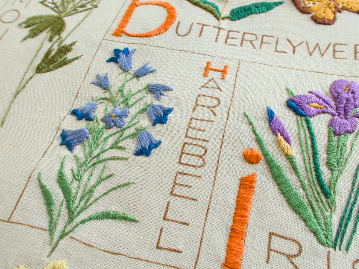 Vintage Botanical Alphabet Sampler A–Z, Hand Embroidered Linen