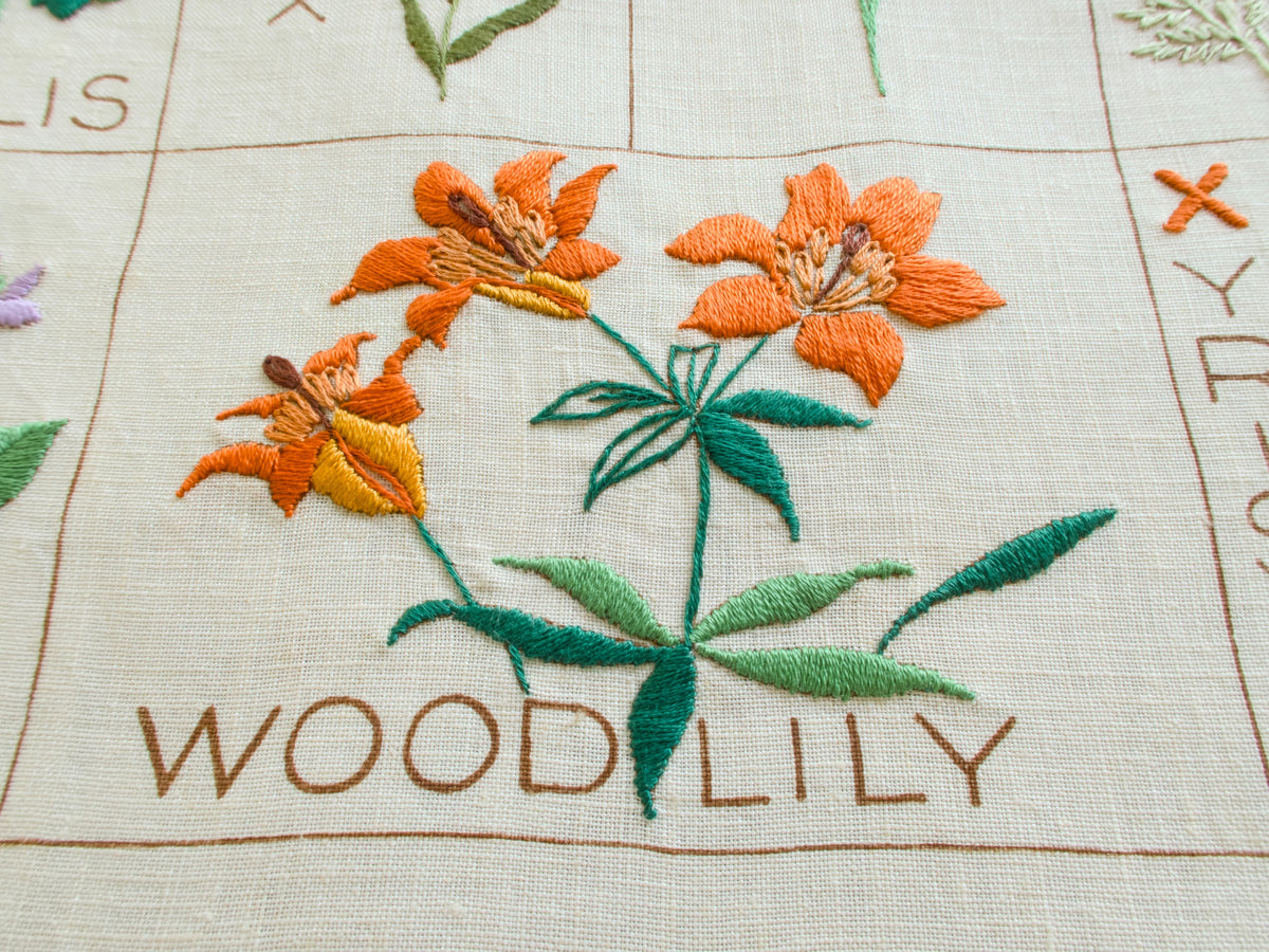 Vintage Botanical Alphabet Sampler A–Z, Hand Embroidered Linen