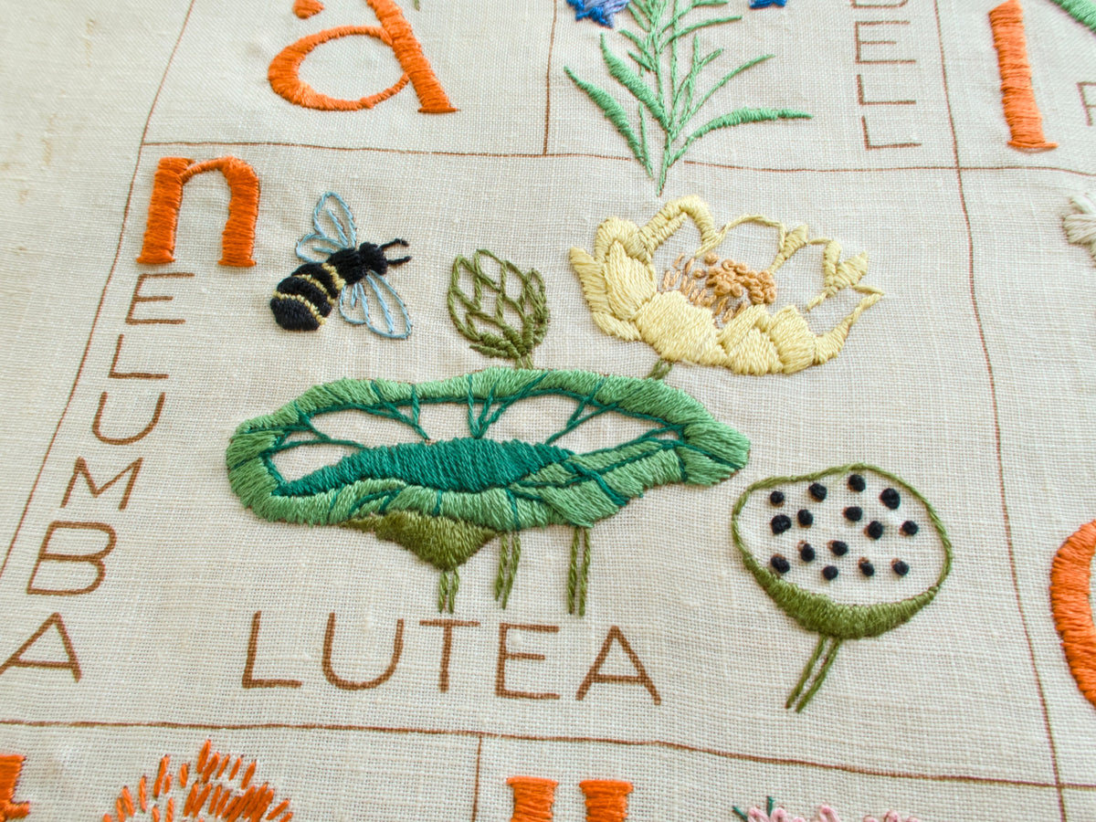 Detail of vintage botanical alphabet sampler with embroidered water plant and insect motif.