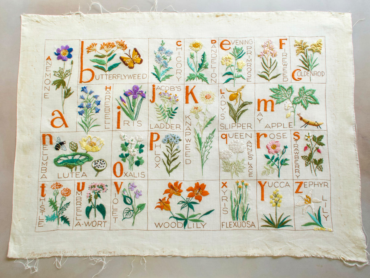 Vintage botanical alphabet sampler A–Z with colorful embroidered flowers, plants, and insects on linen.