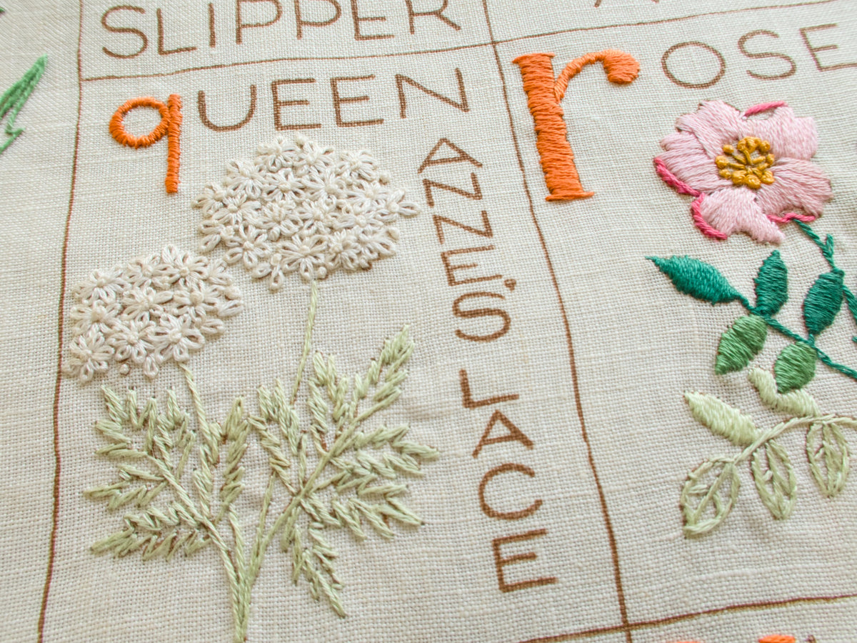 Detail of vintage botanical alphabet sampler showing Queen Anne’s lace embroidery and lettering.