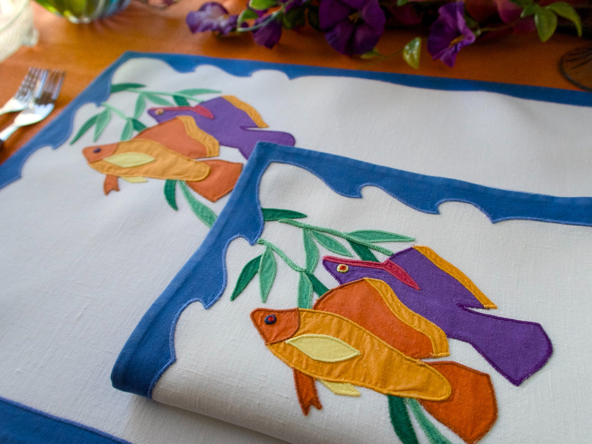 Radiant Tropical Fish Vintage D Porthault 12pc Placemat Set for 6
