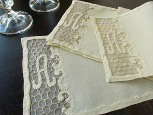 "A" Monogram Vintage Madeira Linen Cocktail Napkins - Set of 6