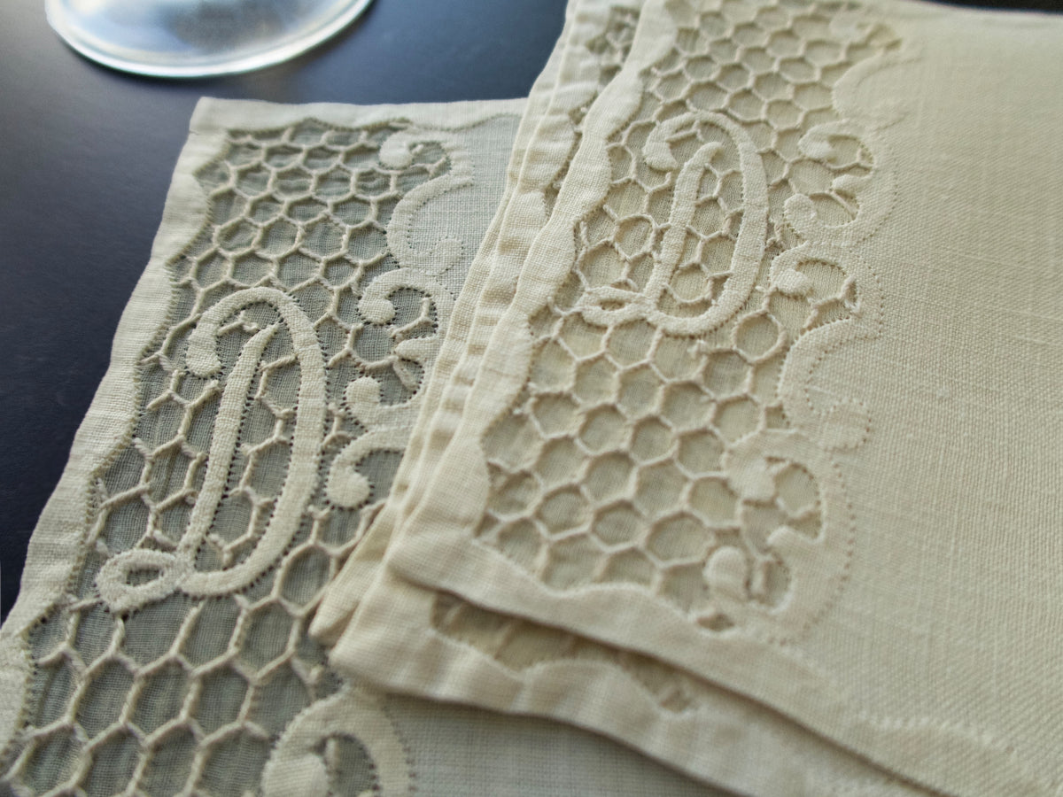 &quot;D&quot; Monogram Vintage Madeira Linen Cocktail Napkins - Set of 6