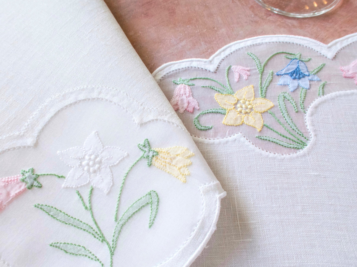 Detail of vintage Madeira oval placemat border showing delicate spring flower embroidery in organdy windows on white linen.