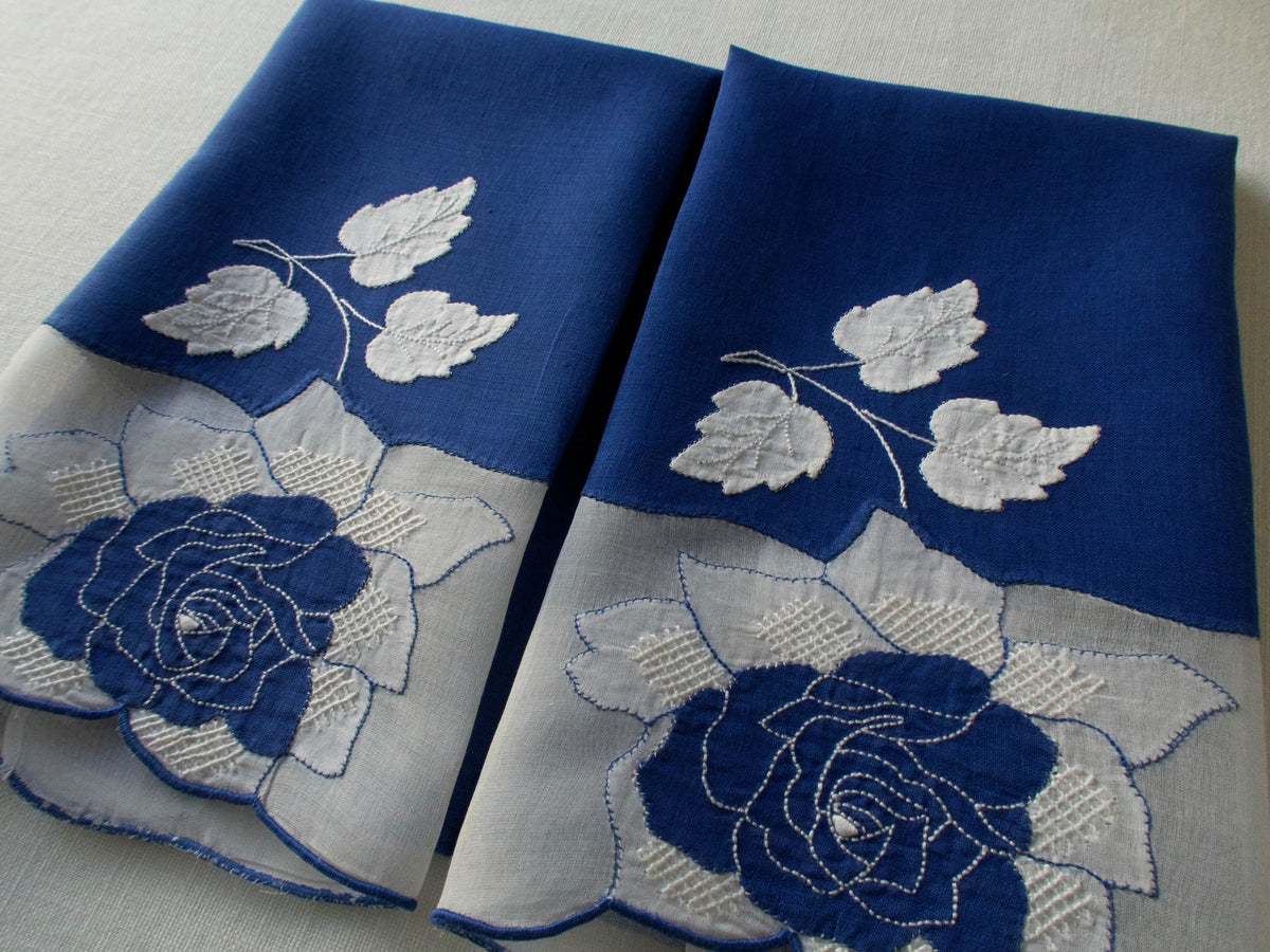 Blue Flowers Vintage Madeira Linen Guest Towels, Set of 2