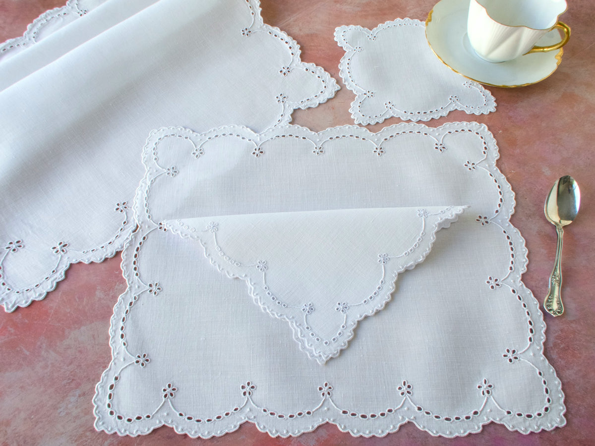 Teatime Vintage Madeira Eyelet Linen Placemat Set for 6