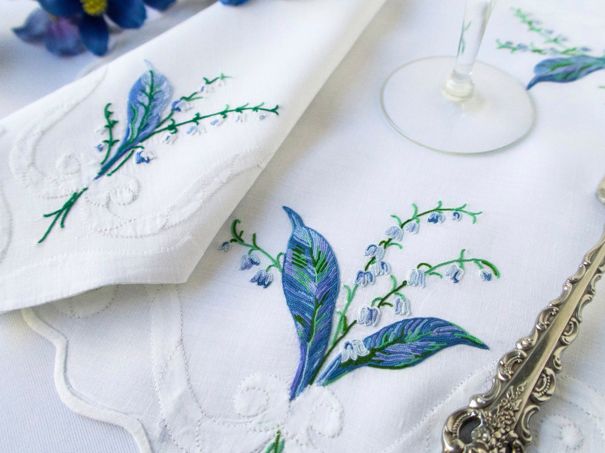 Lily of the Valley Vintage D Porthault Beauvais Embroidery 20pc Placemat Set for 10