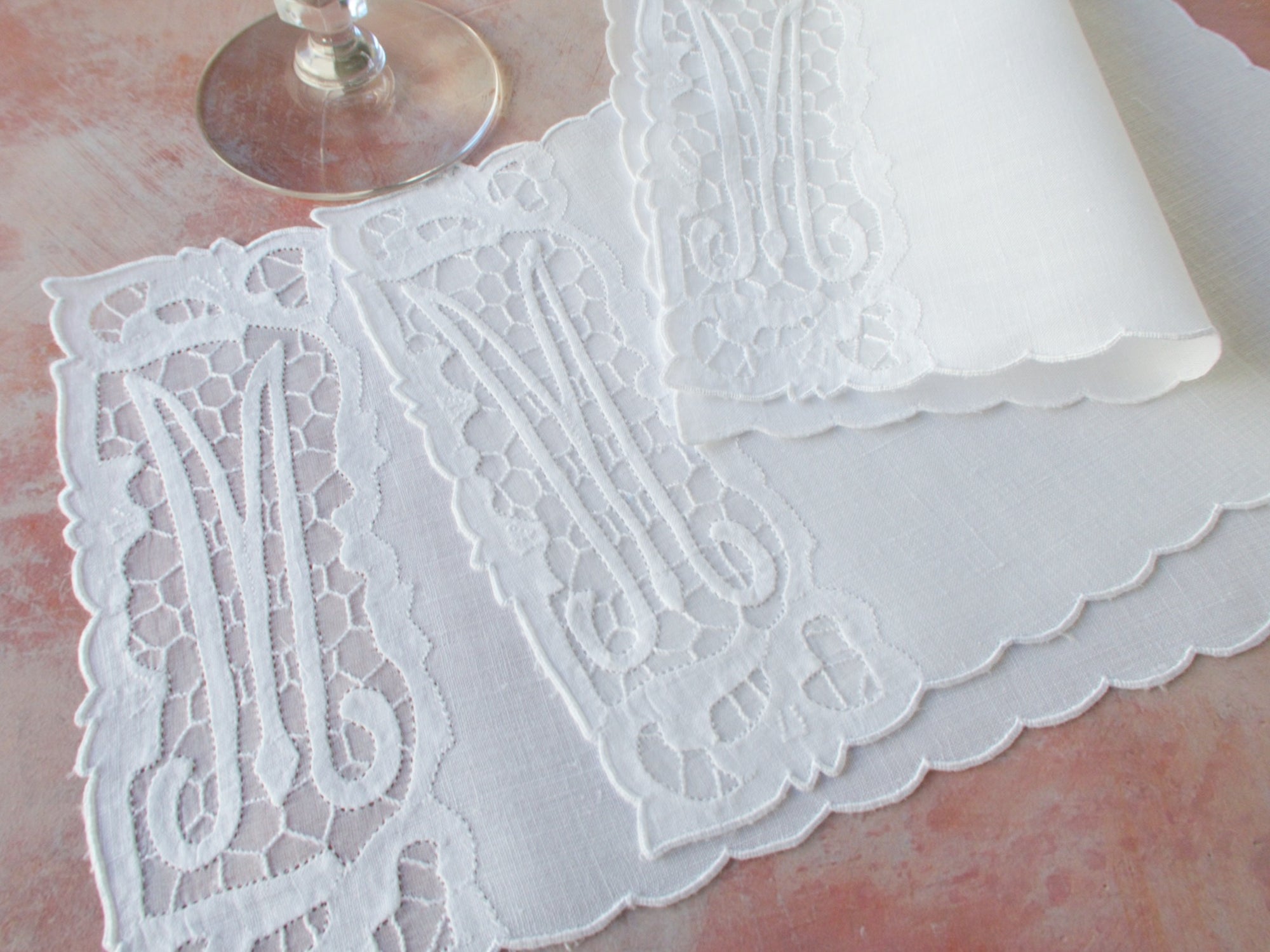 "M" Monogram Vintage Madeira Linen Cocktail Napkins, Set of 6