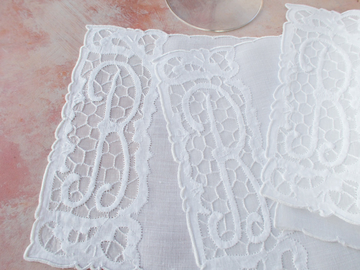 &quot;R&quot; Monogram Vintage Madeira Linen Cocktail Napkins, Set of 6