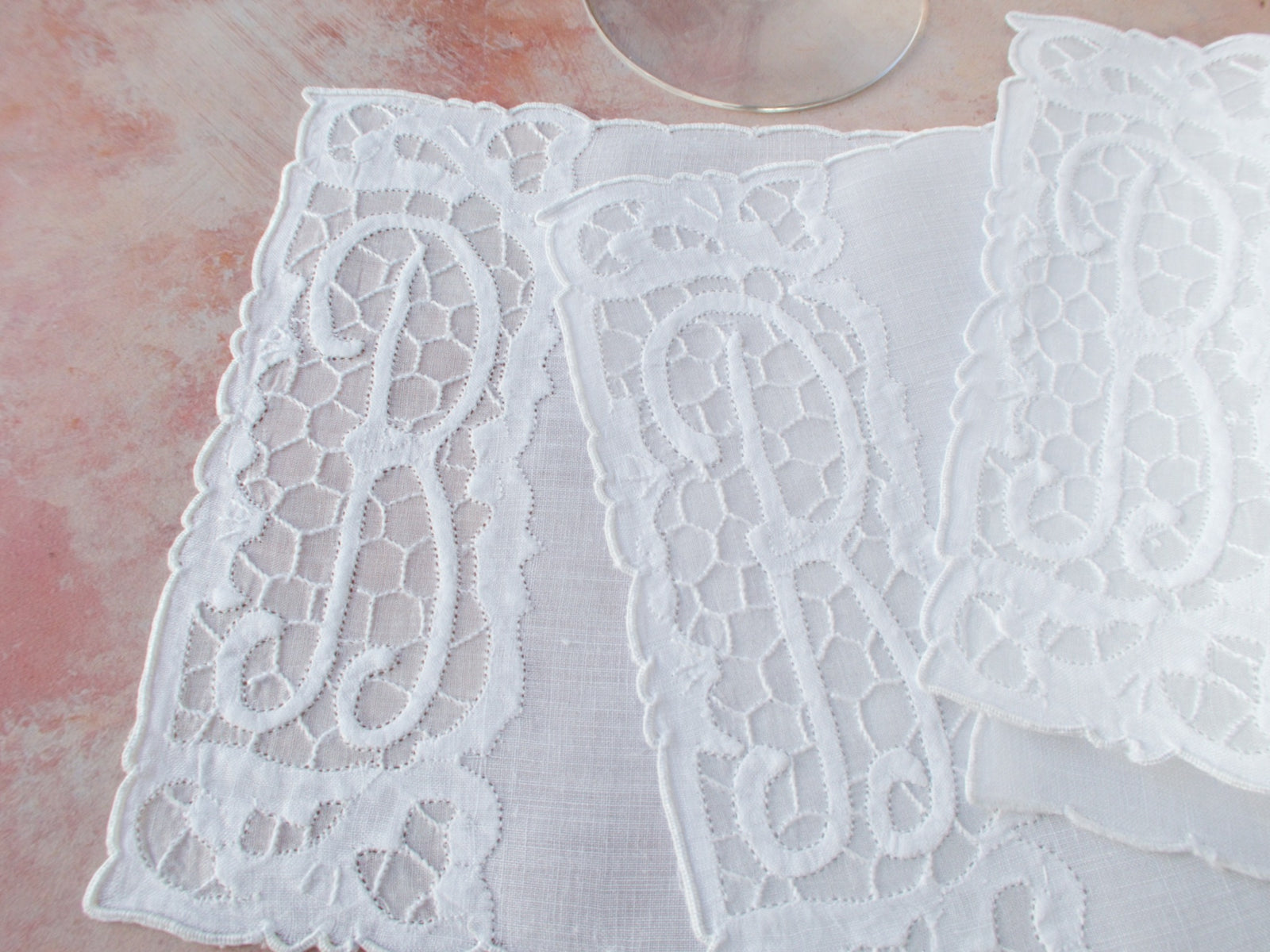 "R" Monogram Vintage Madeira Linen Cocktail Napkins, Set of 6