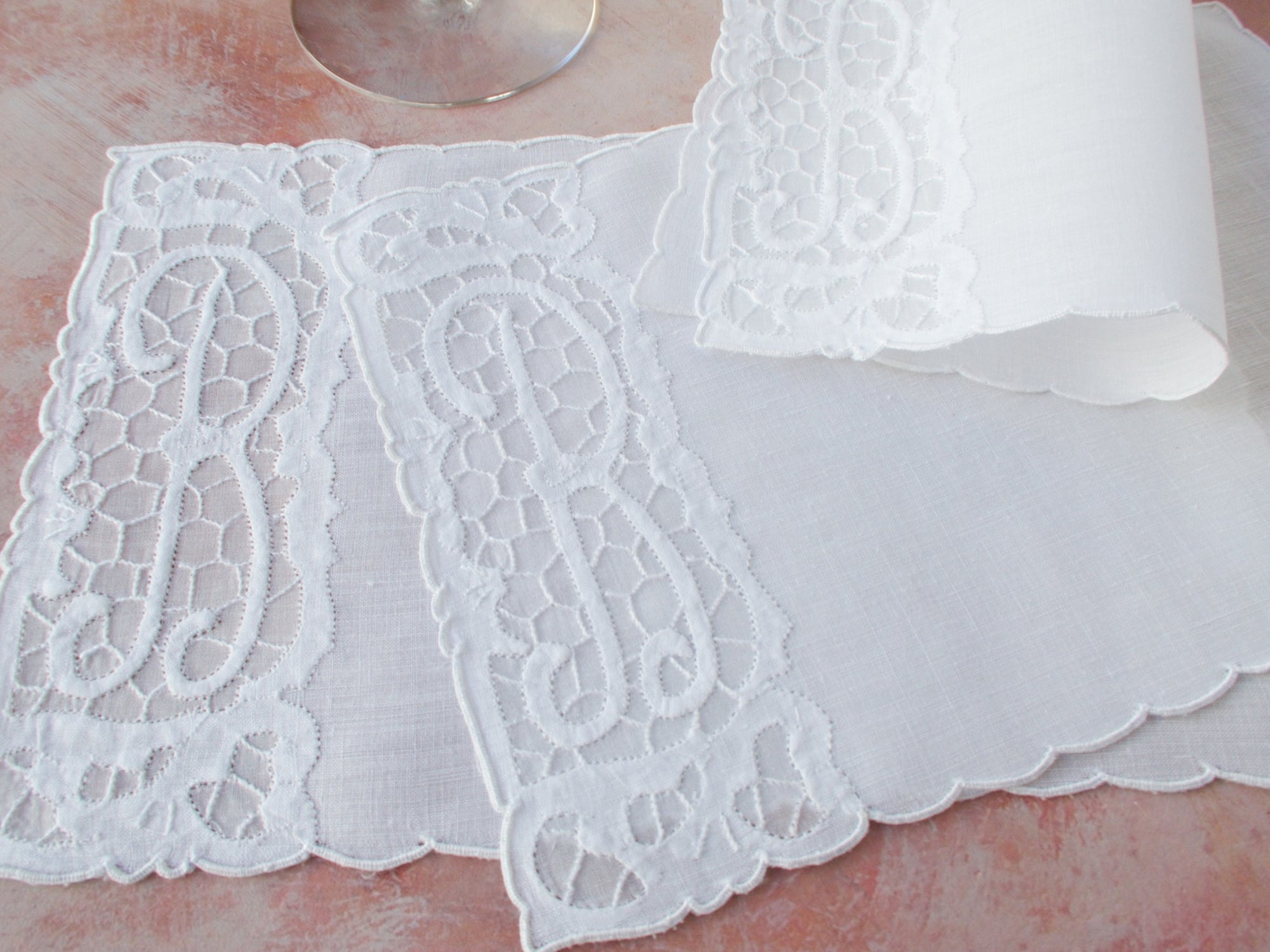 "R" Monogram Vintage Madeira Linen Cocktail Napkins, Set of 6