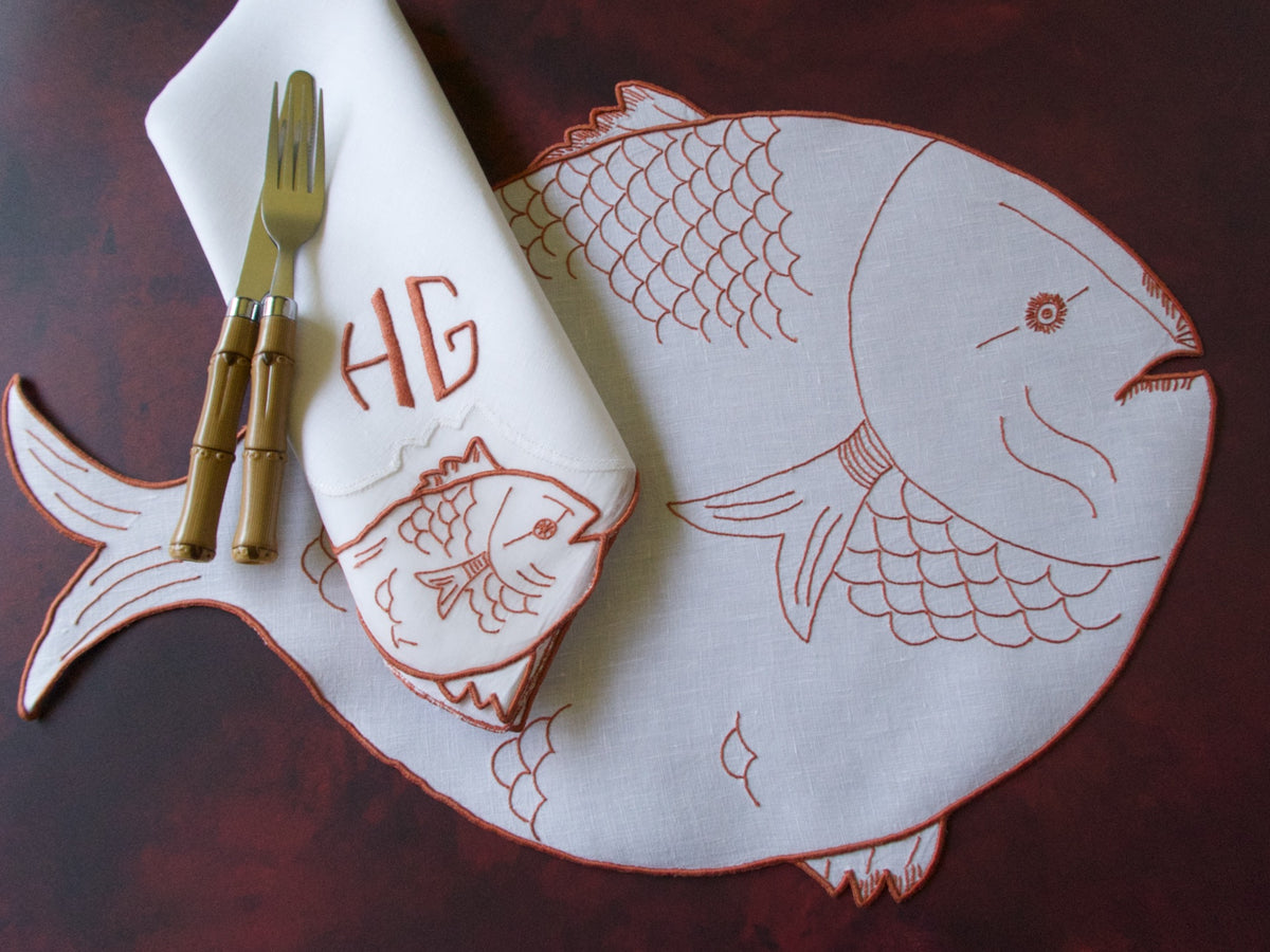 Fish-Shaped Vintage Léron Linen 24pc Placemat Set for 12