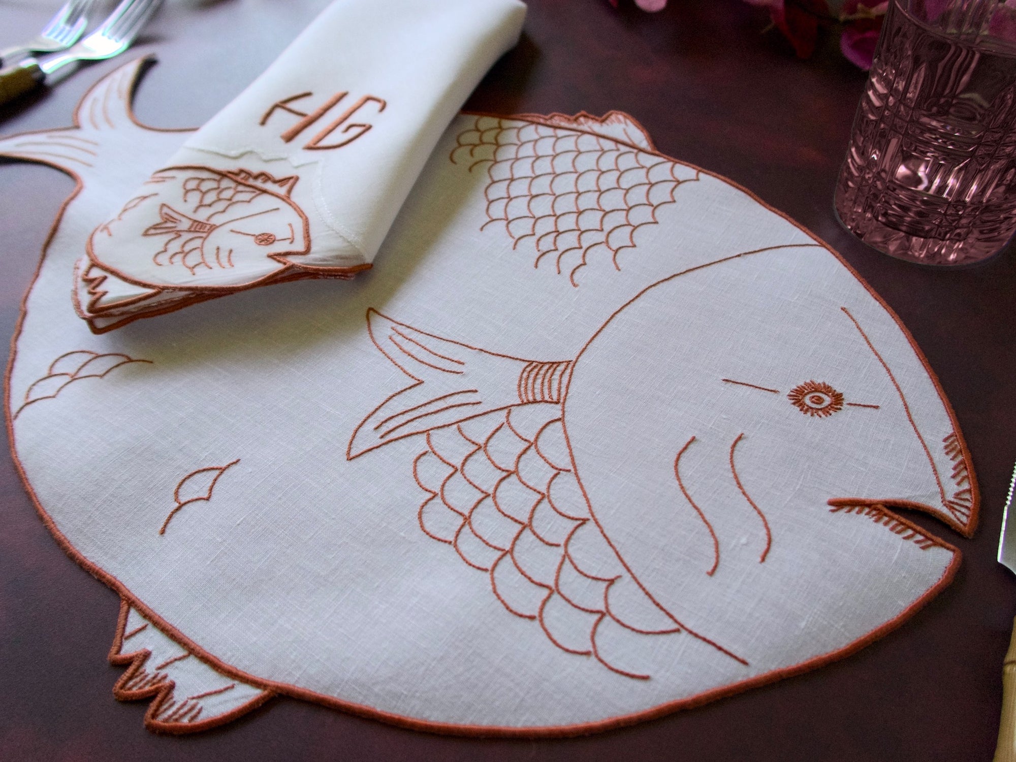 hand embroidered fish-shaped placemat