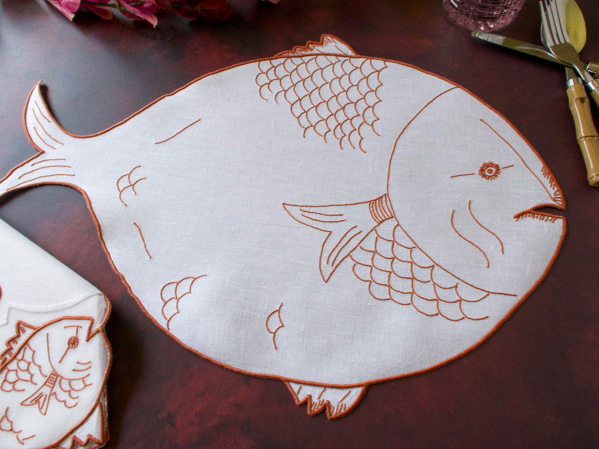 Fish-Shaped Vintage Léron Linen 24pc Placemat Set for 12
