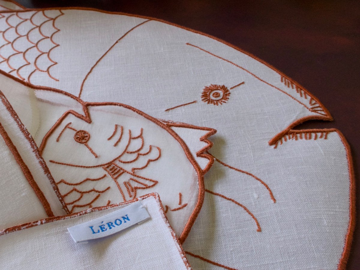hand embroidered fish-shaped placemat