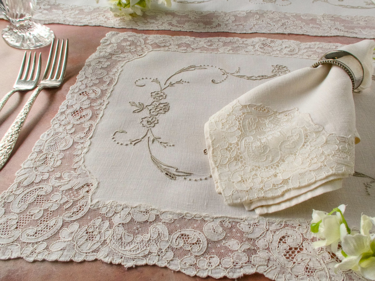 Vintage French Alencon Lace &amp; Linen 17pc Placemat Set for 8