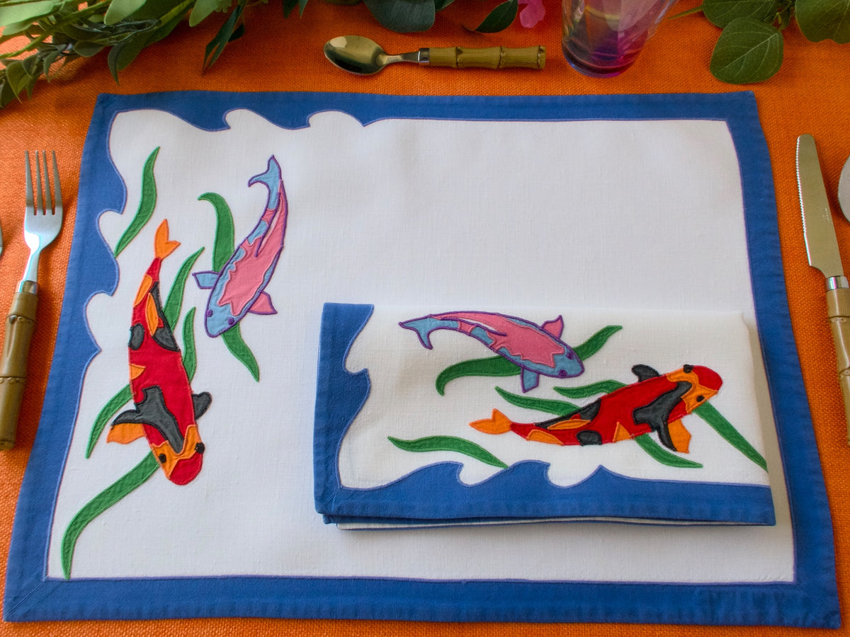 Vibrant Fish Vintage D Porthault 12pc Placemat Set for 6
