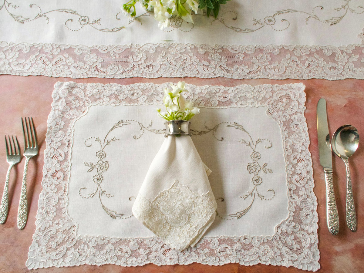 Vintage French Alencon Lace &amp; Linen 17pc Placemat Set for 8