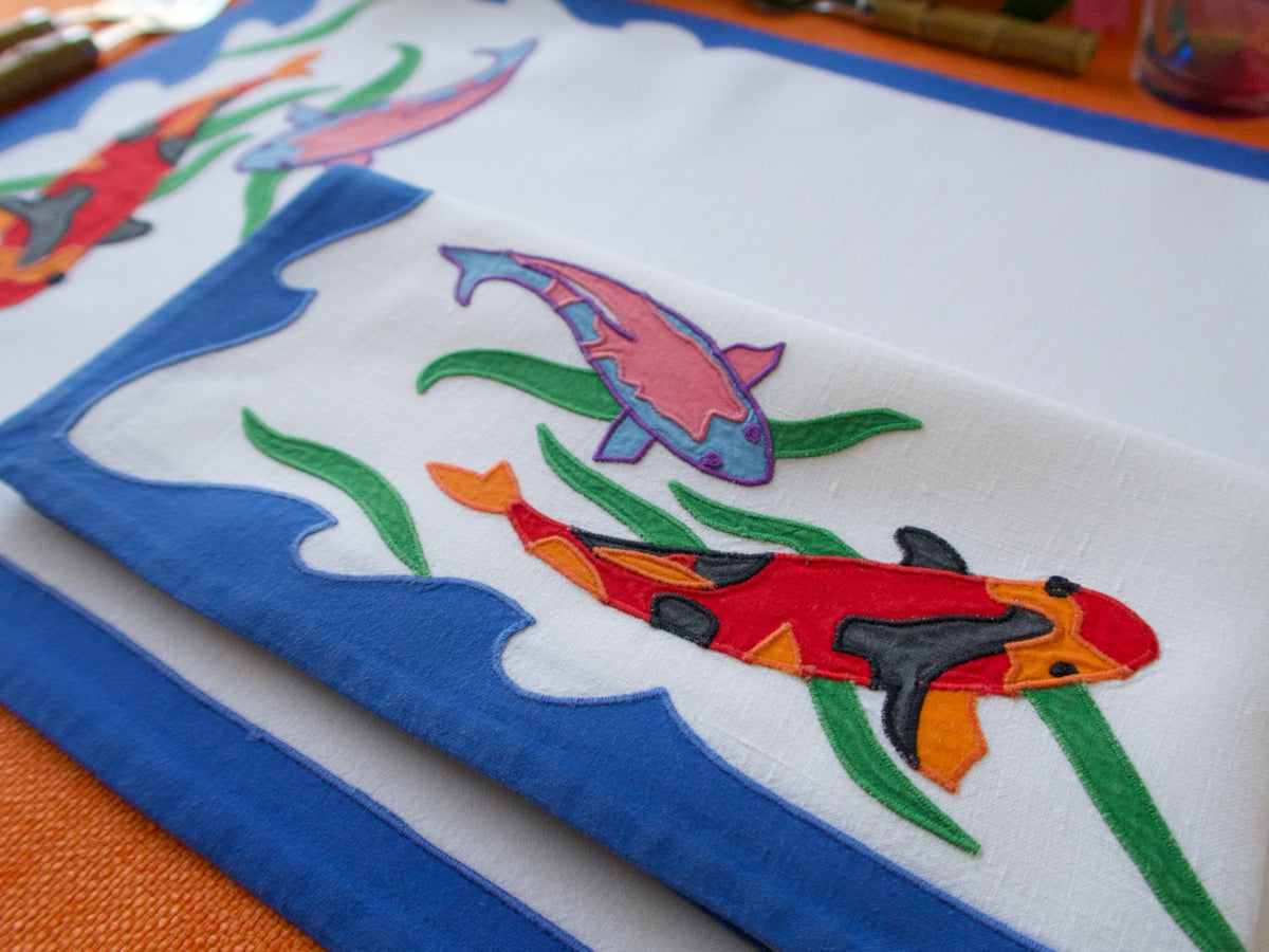Vibrant Fish Vintage D Porthault 12pc Placemat Set for 6