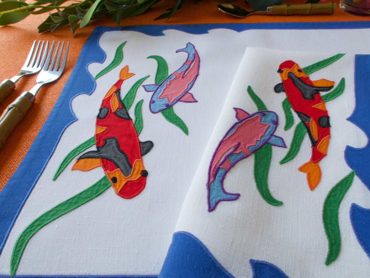 Vibrant Fish Vintage D Porthault 12pc Placemat Set for 6